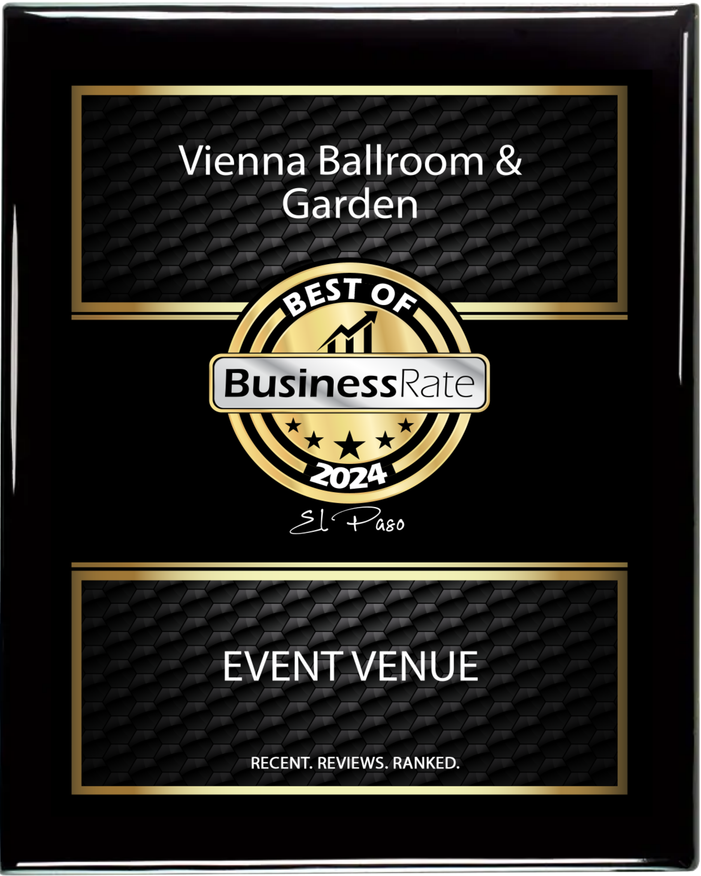 Award plaque for Vienna Garden Venue, recognized as the Best Event Venue by Business Rate 2024 in El Paso.